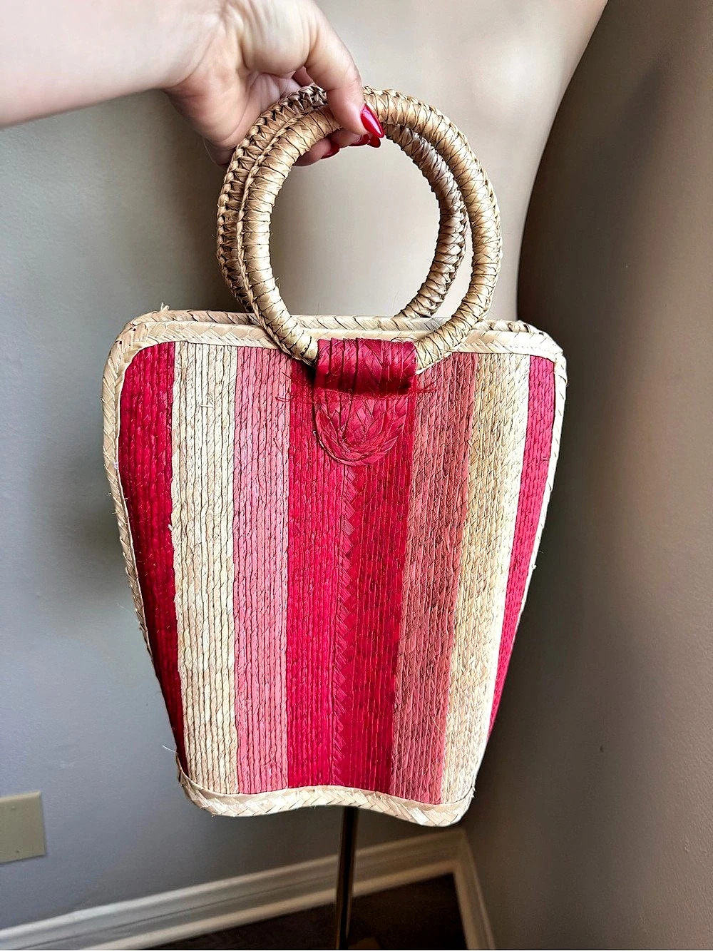 Pink & Beige Striped Woven Tote